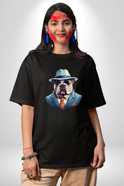 Angemiel City Gentleman  Bulldog Black Oversize Women's Men's Front Printed T-Shirt