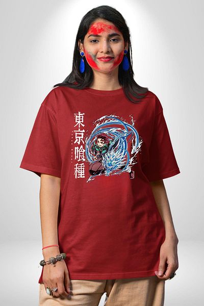 Angemiel Demon Slayer - Tanjiro Kamado Anime Red Oversize Women's Men's Front Printed T-Shirt