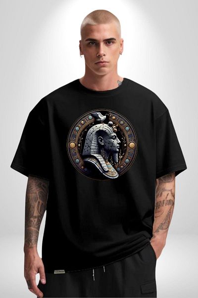 Angemiel Egyptian Pharaoh Geb World Fertility and Snakes Black Oversize Women Men Front Printed T-Shirt