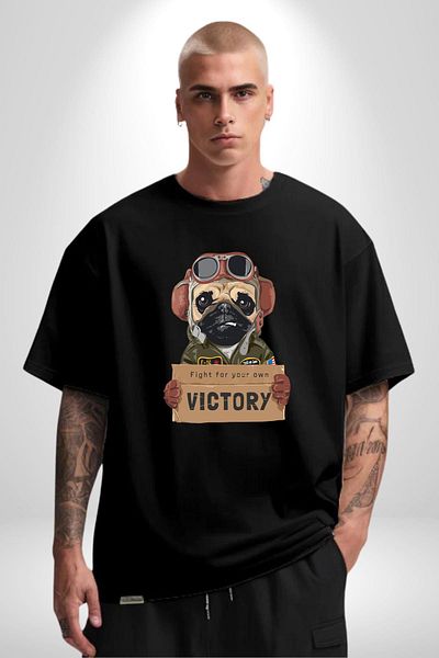 Angemiel Pilot Dog Pursuing Victory Black Oversize Women's Men's Front Printed T-Shirt