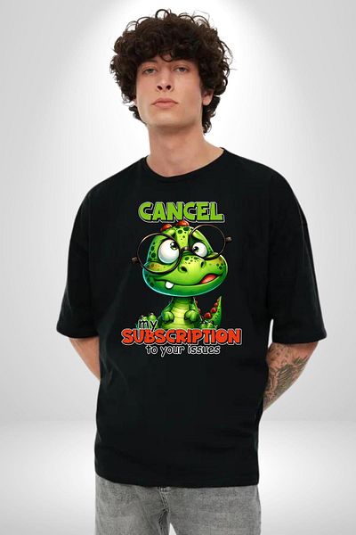 Angemiel Black Oversize Women's Men's Front Printed T-Shirt with Dinosaur Subscription Cancellation Written