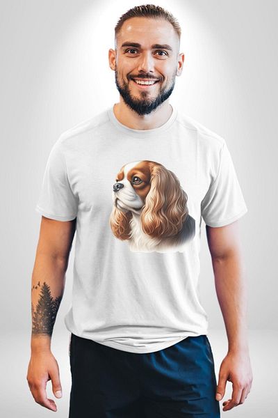 Angemiel تي شيرت كافالير كينج تشارلز سبانيل بتصميم كلب أبيض كبير الحجم للنساء والرجال مطبوع من الأمام