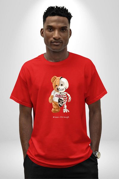 Angemiel Bear Teddy Show Your Real Face Skeleton Red Oversize Women Men Front Printed T-Shirt