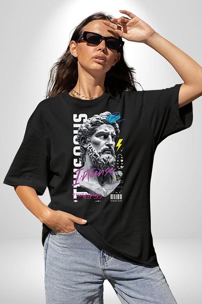 Angemiel Legendary Zeus Power and Emotions Black Oversize Women's Men's Front Printed T-Shirt