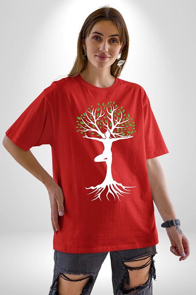 Angemiel Yoga Tree Nature Soul Red Oversize Women's Men's Front Printed T-Shirt