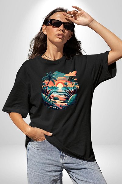 Angemiel Tropical Beach Sunset Themed Black Oversize Women's Men's Front Printed T-Shirt