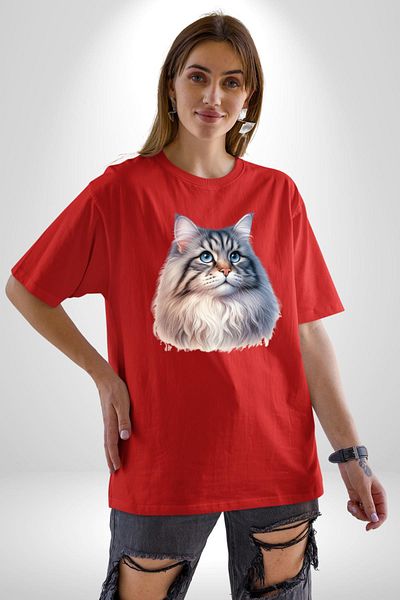 Angemiel Norway Forest Cat Lover Red Oversize Women's Men's Front Printed T-Shirt