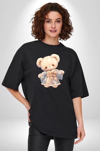 Angemiel Black Oversize Women's Men's Front Printed T-Shirt with Cute Teddy Bear Figure
