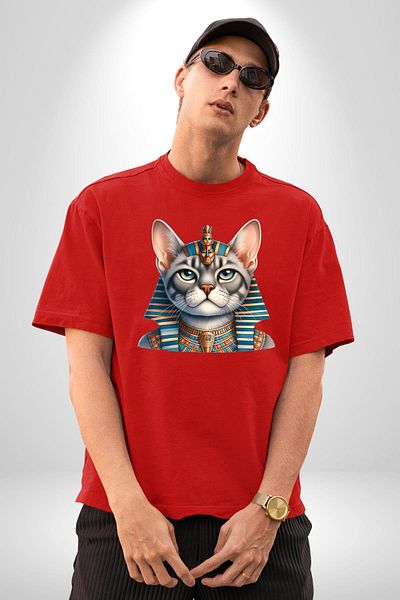 Angemiel Egyptian Mau's Royal Crown Cat Red Oversize Women's Men's Front Printed T-Shirt