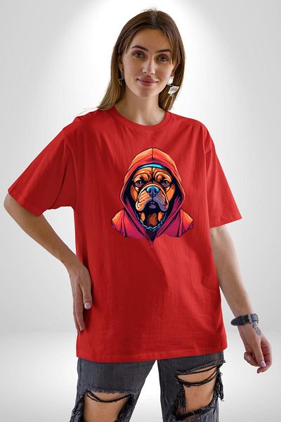 Angemiel Cool  Chain Hooded Dog Red Oversize Women's Men's Front Printed T-Shirt