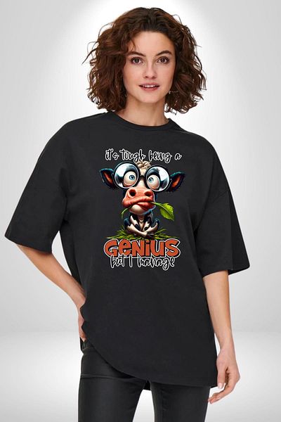 Angemiel Clever Cow Funny Genius Design Black Oversize Women's Men's Front Printed T-Shirt