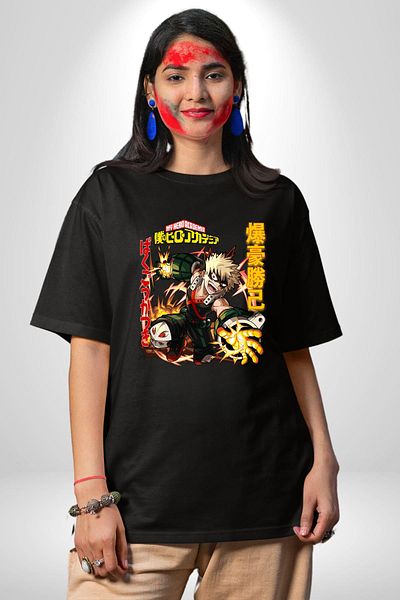 Angemiel Bakugo Katsuki – My Hero Academia Anime Black Oversize Women's Men's Front Printed T-Shirt