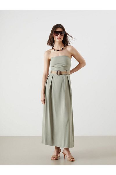 LC Waikiki Green Strapless Neckline Waist Belt Linen Blend Dress