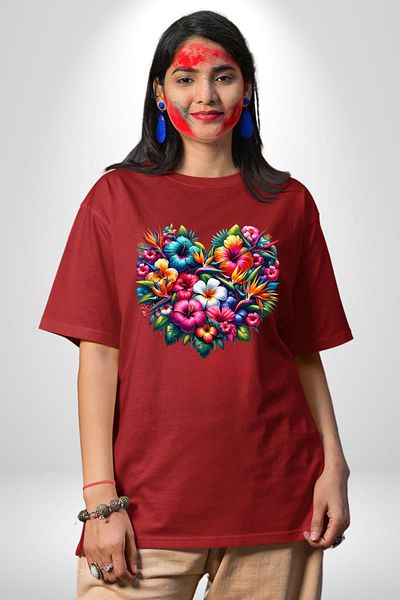 Angemiel Hibiscus Bird Paradise Plumeria Flower Tropical Red Oversize Women's Men's Front Printed T-Shirt