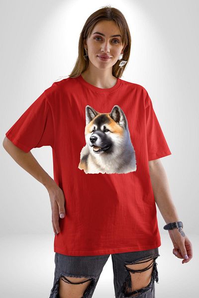 Angemiel Akita Inu Love Dog Red Oversize Women's Men's Front Printed T-Shirt