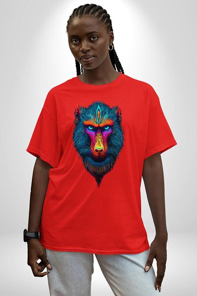 Angemiel Colorful Mandrill Monkey Red Oversize Women's Men's Front Printed T-Shirt