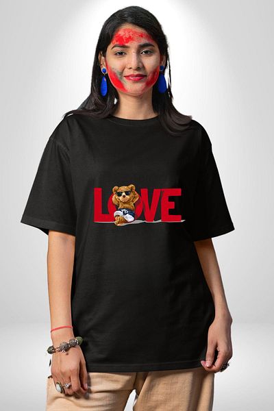 Angemiel Love Printed Cute Bear and Relaxing Love Black Oversize Women's Men's Front Printed T-Shirt