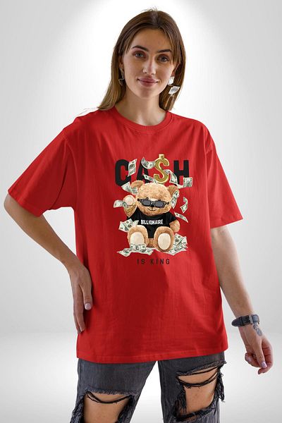 Angemiel Cash King Bear Billionaire Design Red Oversize Women's Men's Front Printed T-Shirt