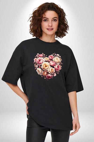 Angemiel Rose Heart Beauty Love Grace Icon Black Oversize Women's Men's Front Printed T-Shirt