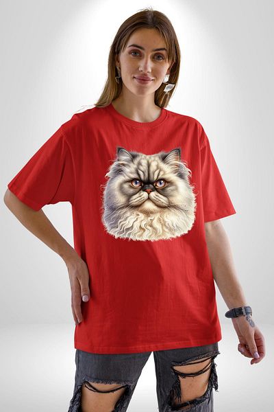 Angemiel Sophisticated and Noble Royal Cat Red Oversize Women's Men's Front Printed T-Shirt