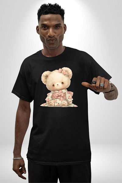 Angemiel Pink Teddy Bear Design with Kimono Black Oversize Women's Men's Front Printed T-Shirt