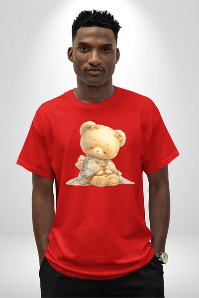 Angemiel Floral Pattern Pastel Tone Teddy Bear and Floral Red Oversize Women's Men's Front Printed T-Shirt