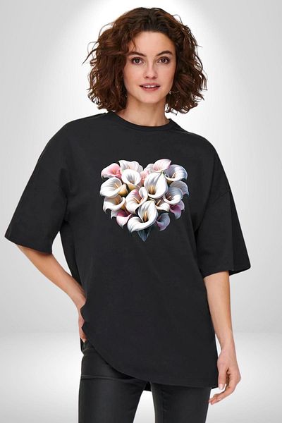 Angemiel Kala Lily Flower the Elegance of Purity Black Oversize Women's Men's Front Printed T-Shirt