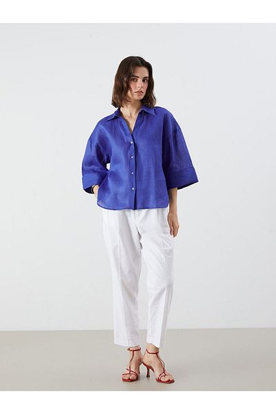 LC Waikiki Blue Oversize 100% Linen Women's Shirt