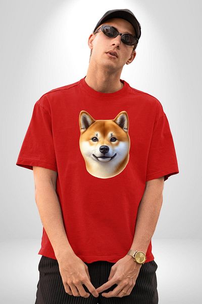 Angemiel Shiba Inu Cute Affection Dog Design Red Oversize Women's Men's Front Printed T-Shirt