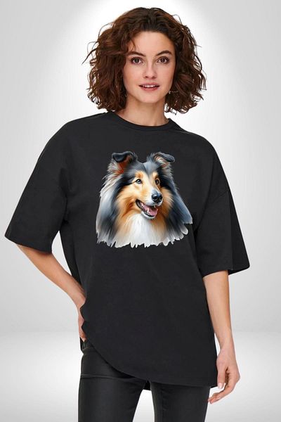 Angemiel Collie Elegant Clever Dog Black Oversize Women Men Front Printed T-Shirt
