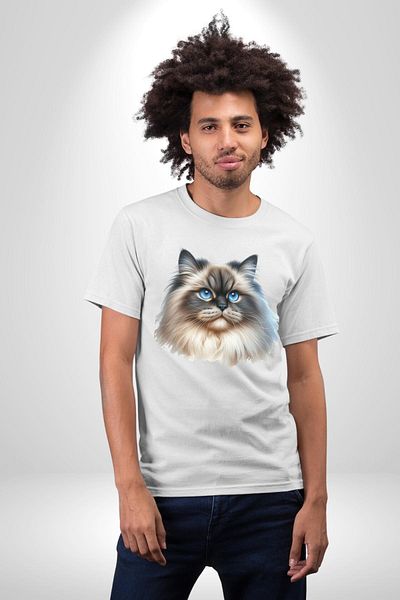 Angemiel تي شيرت مطبوع من الأمام للنساء والرجال باللون الأبيض من Himalayan Cat