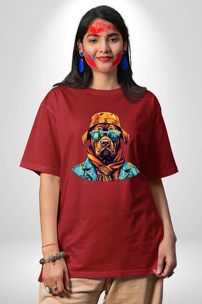 Angemiel Orange Bandana Cool Dog Red Oversize Women's Men's Front Printed T-Shirt