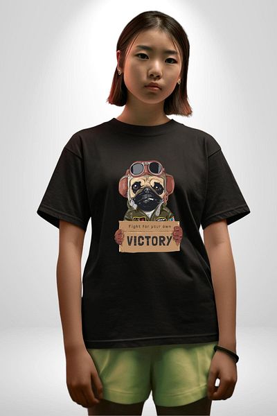 Angemiel Pilot Dog Pursuing Victory Black Oversize Women's Men's Front Printed T-Shirt