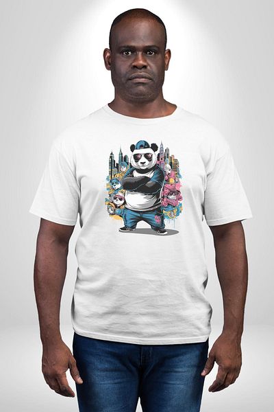 Angemiel تي شيرت Gangster Panda Hip-Hop Cool Panda أبيض كبير الحجم للنساء والرجال مطبوع من الأمام