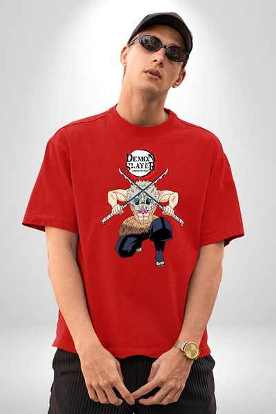 Angemiel Demon Slayer Inosuke Double Sword Anime Red Oversize Women Men Front Printed T-Shirt