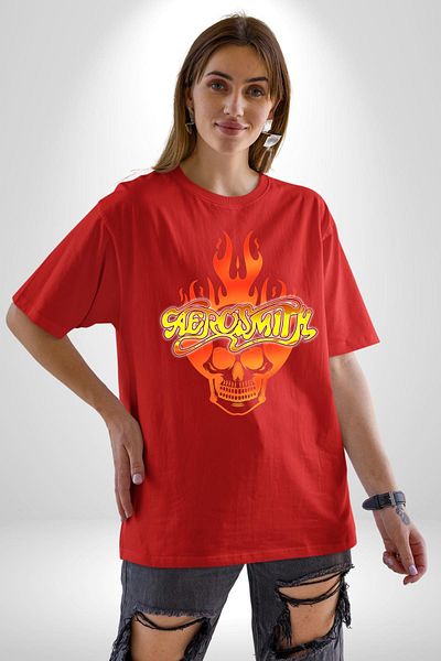 Angemiel تي شيرت Aerosmith Fire Skull أحمر كبير الحجم للنساء والرجال مطبوع من الأمام