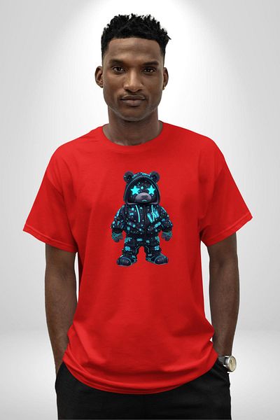 Angemiel Neon Night Glitter Cyberpunk Teddy Bear Red Oversize Women's Men's Front Printed T-Shirt