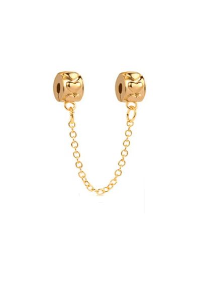 OEM Safety Chain compatible with Pandora bracelet, made of Silver, pattern with Golden Hearts