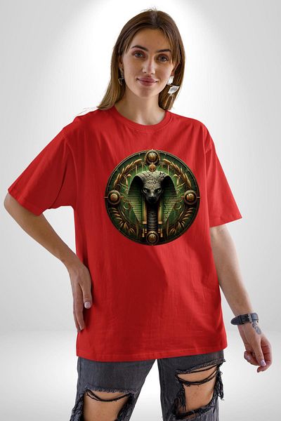 Angemiel Egyptian Mythology Renenutet Nature and Protection Red Oversize Women Men Front Printed T-Shirt
