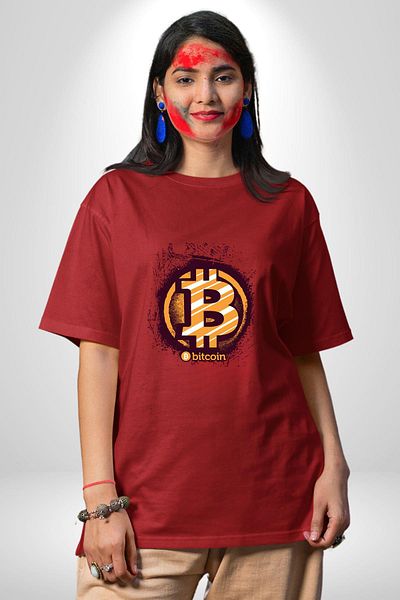 Angemiel Digital Revolution Rise of Bitcoin Crypto Coin Red Oversize Women Men Front Printed T-Shirt