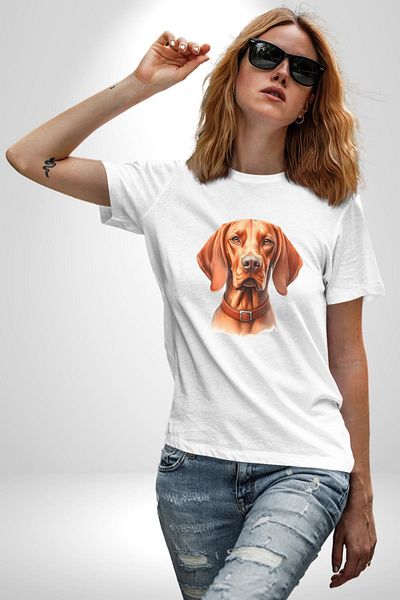 Angemiel تي شيرت Vizsla Energetic Hunting Dog Design أبيض كبير الحجم للنساء والرجال مطبوع من الأمام