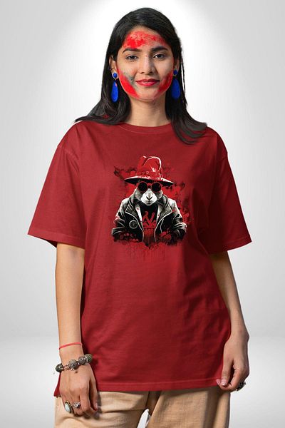 Angemiel Red Hat Rebel Rabbit Red Oversize Women's Men's Front Printed T-Shirt