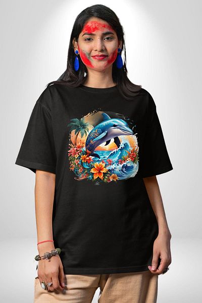 Angemiel Summer Spirit Floral Dolphin Themed Black Oversize Women's Men's Front Printed T-Shirt