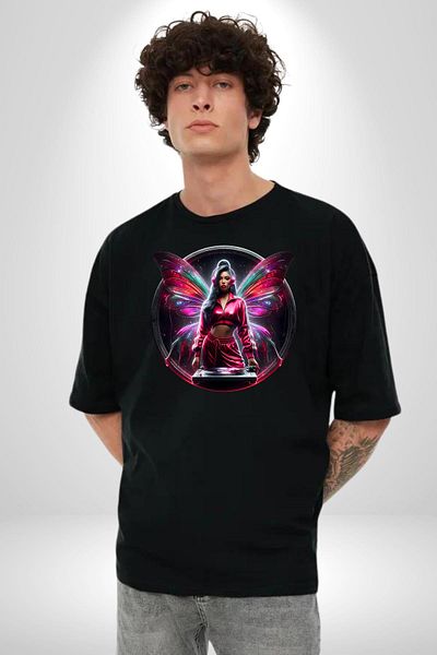 Angemiel Dj Butterfly New Generation Special Design Black Oversize Women's Men's Front Printed T-Shirt