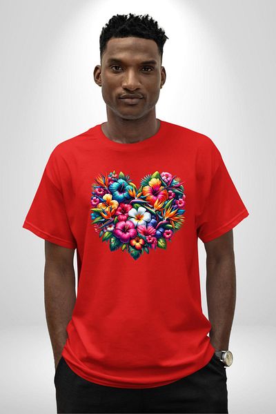 Angemiel Hibiscus Bird Paradise Plumeria Flower Tropical Red Oversize Women's Men's Front Printed T-Shirt
