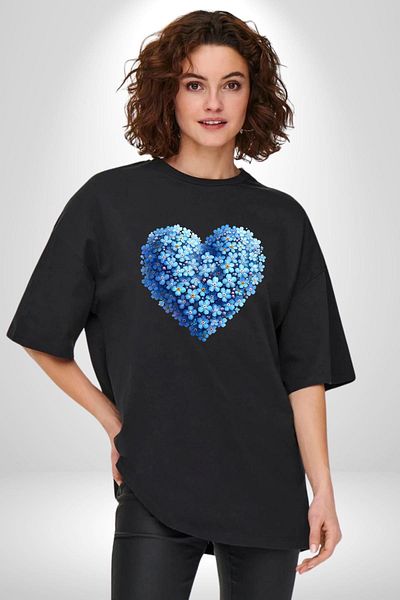 Angemiel Forget Me Not Flower Heart Collage Black Oversize Women's Men's Front Printed T-Shirt
