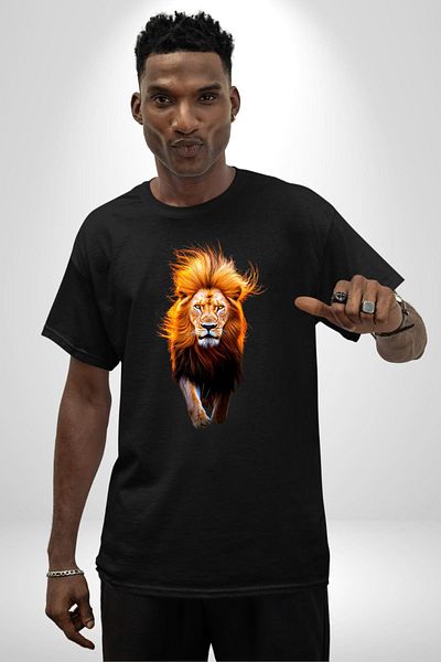 Angemiel Fringed Lion Portrait Black Oversize Women's Men's Front Printed T-Shirt
