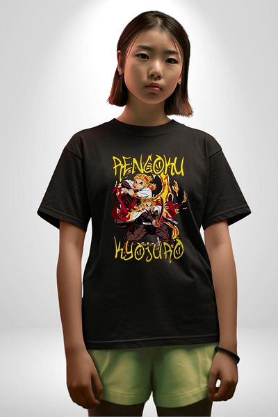 Angemiel Demon Slayer Rengoku Kyojuro Warrior Anime Black Oversize Women Men Front Printed T-Shirt