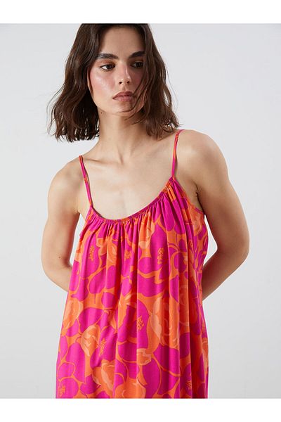 LC Waikiki Pink U-Neck Floral Strap Gathered A-Line Dress