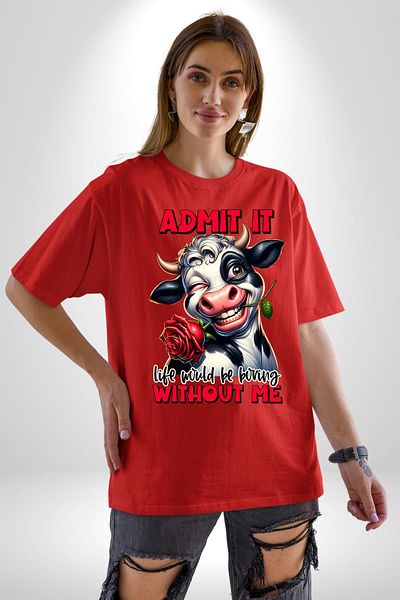 Angemiel My Life Without You Is Boring Red Oversize Women's Men's Front Printed T-Shirt